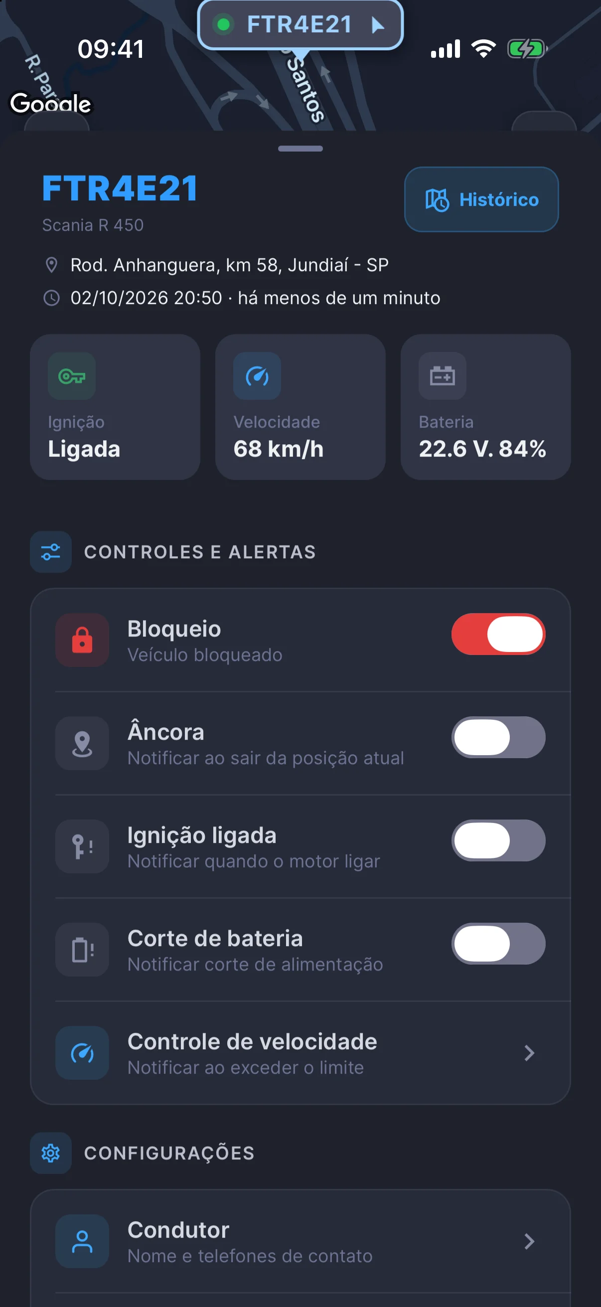 App da ForTracking com a chave de bloqueio do veículo ligada