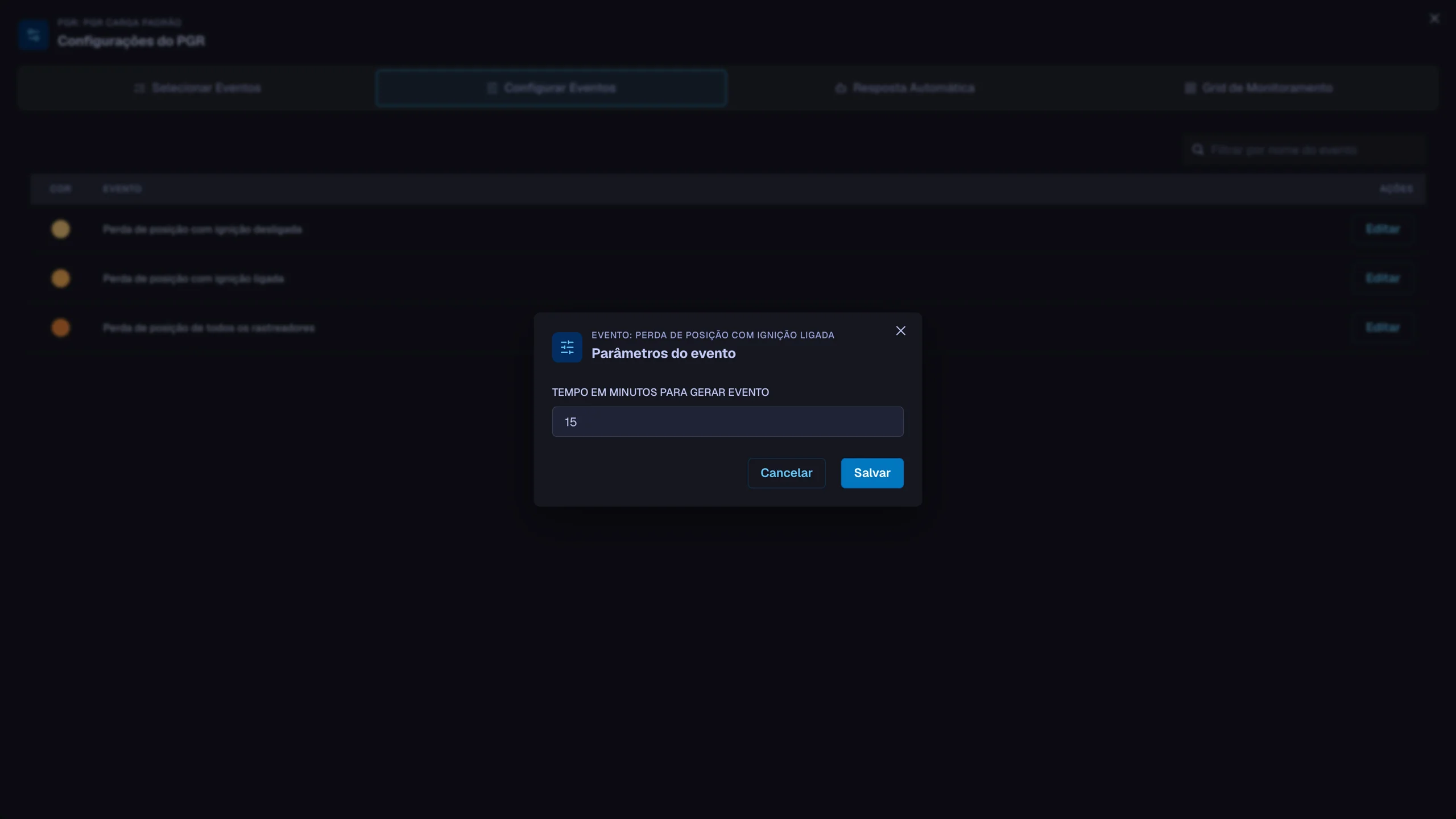 Configurações do PGR: parâmetros de um evento, com o tempo em minutos para gerar o evento de perda de posição